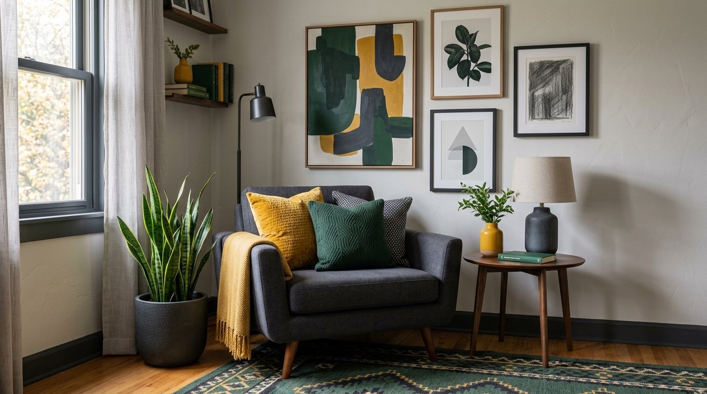 A grey armchair with green and yellow pillows sits beside a side table under a gallery wall.