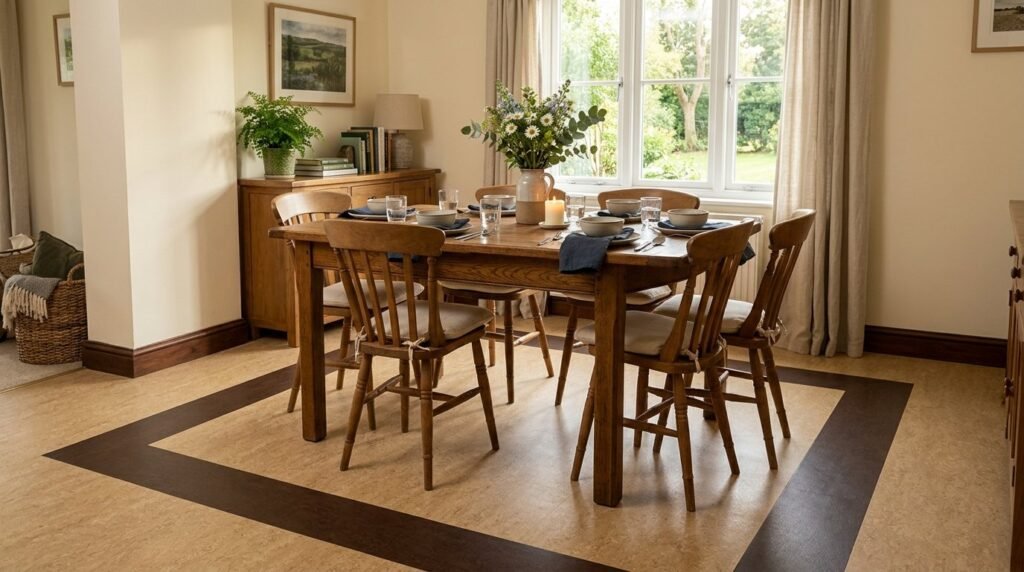 A stylish and modern dining area featuring elegant furniture and warm ambient lighting.