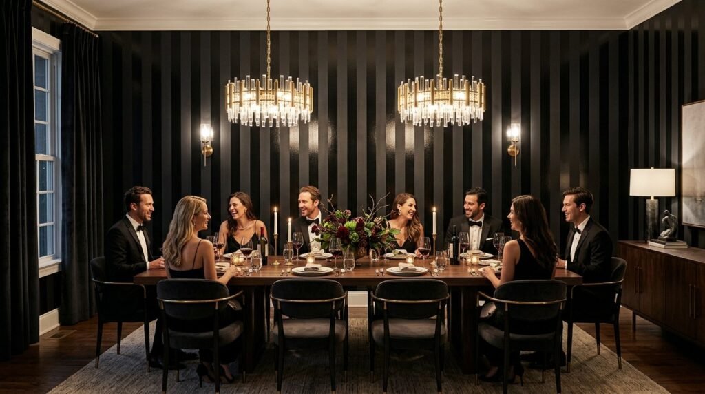 A stylish dining room featuring a sophisticated accent wall and modern interior design elements.
