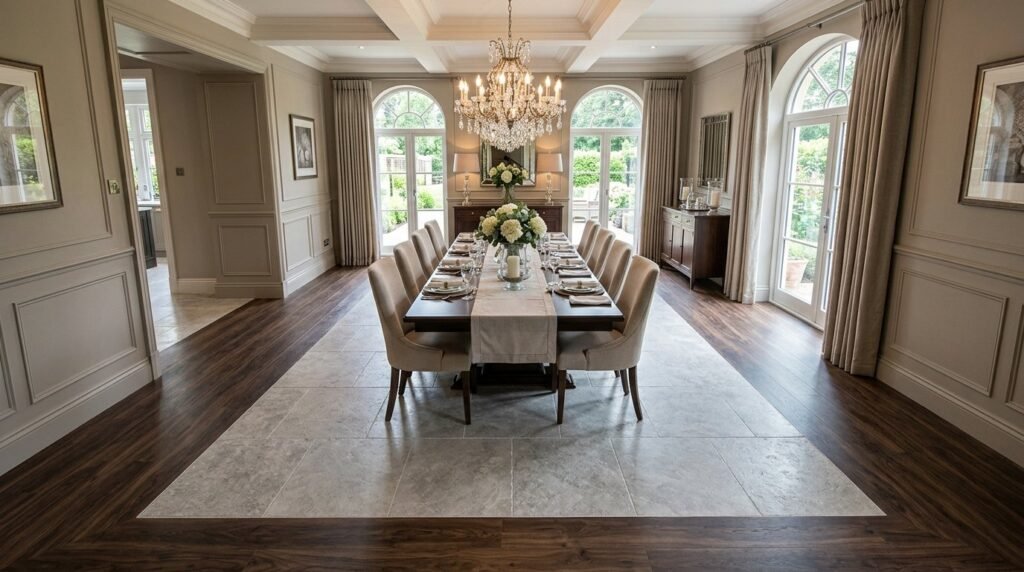 A wide angle shot of a bright dining room showcasing polished hardwood flooring.
