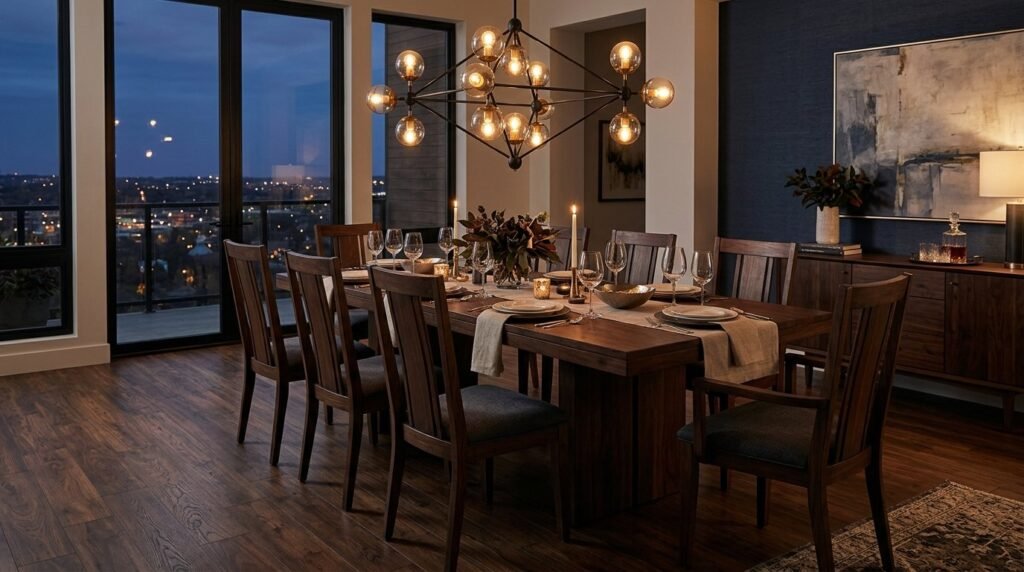A beautifully staged modern dining room interior with elegant decor and warm lighting.