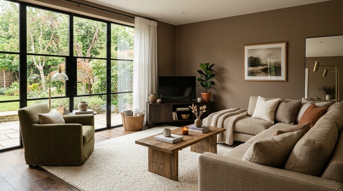 Cozy living room with earthy tones, a textured area rug, and floor-to-ceiling windows overlooking a green garden.