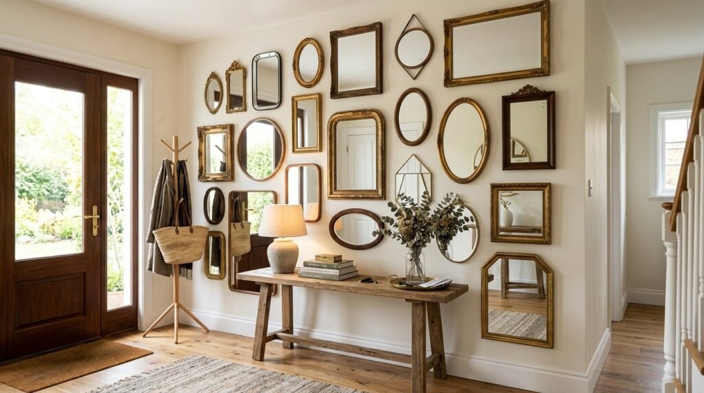 A stylish entryway featuring an artistic gallery wall of assorted mirrors.