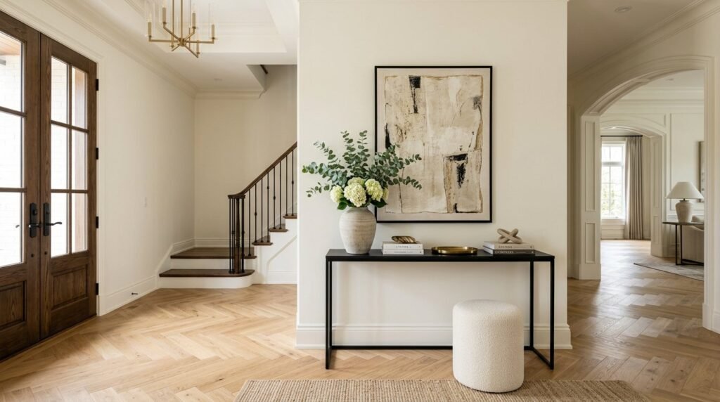 A brightly lit home entryway featuring elegant oak wood paneling and minimalist decor.