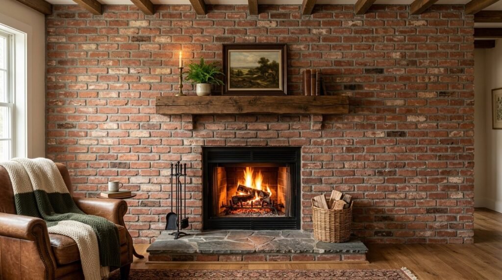 A stylish interior featuring a beautiful exposed brick fireplace wall in a modern living space.