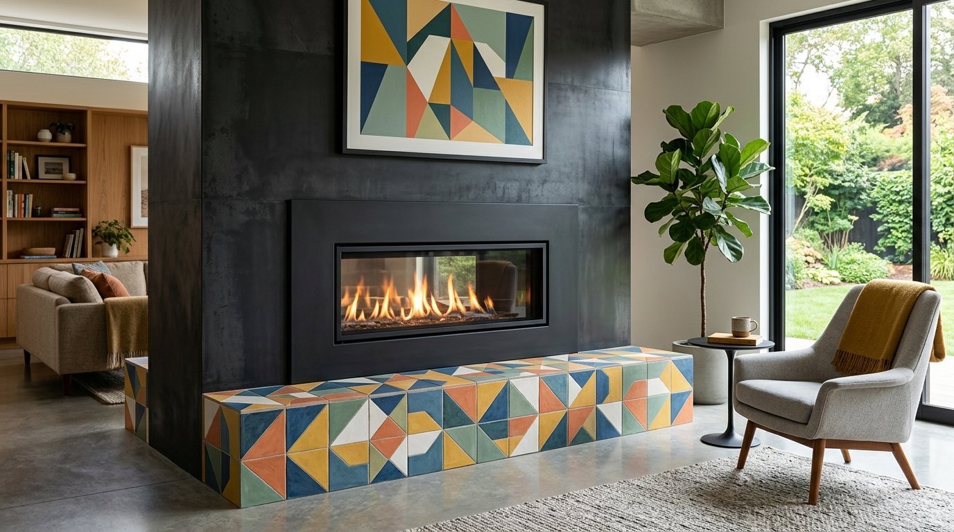 A sleek modern fireplace with a colorful geometric tiled base and matching abstract wall art.