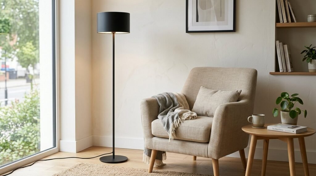 A sleek modern floor lamp standing next to a contemporary armchair in a stylish living room setting.