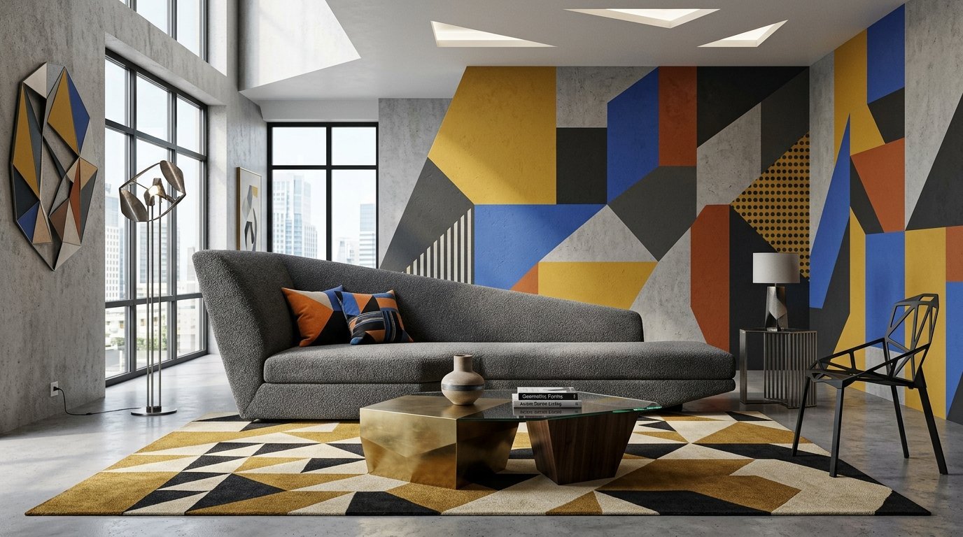 Modern living room with a gray lounge sofa, gold coffee table, and walls featuring colorful geometric block patterns.