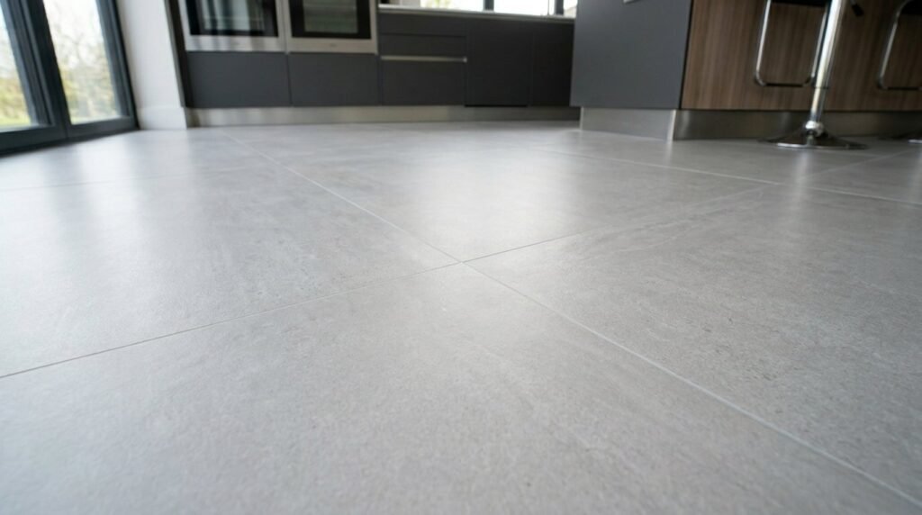 Close-up view of premium matte gray porcelain floor tiles with a natural stone texture.