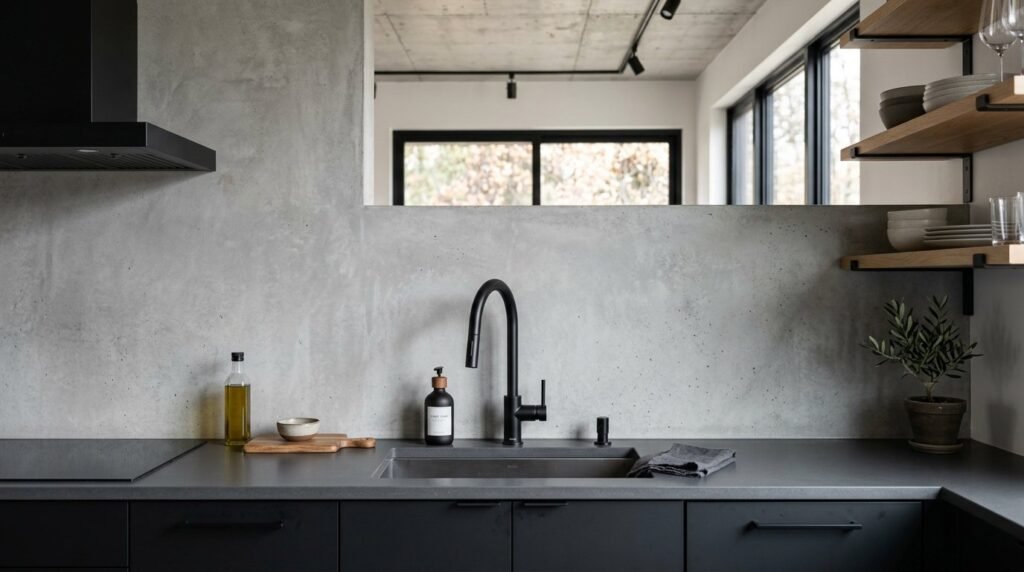 Close up view of a smooth grey concrete kitchen backsplash with industrial design aesthetic