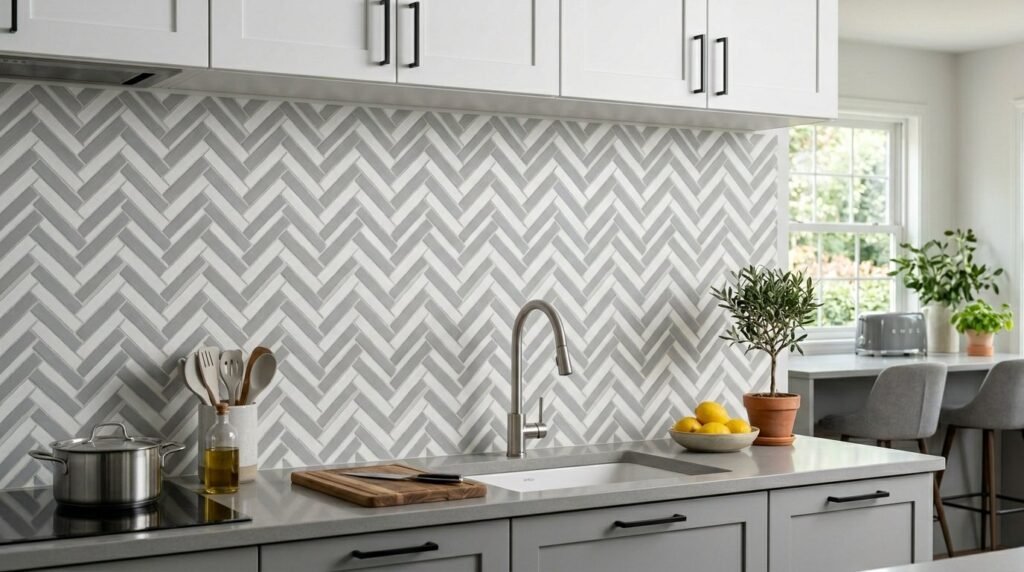 Close up of a contemporary grey tile wall featuring a classic herringbone pattern.