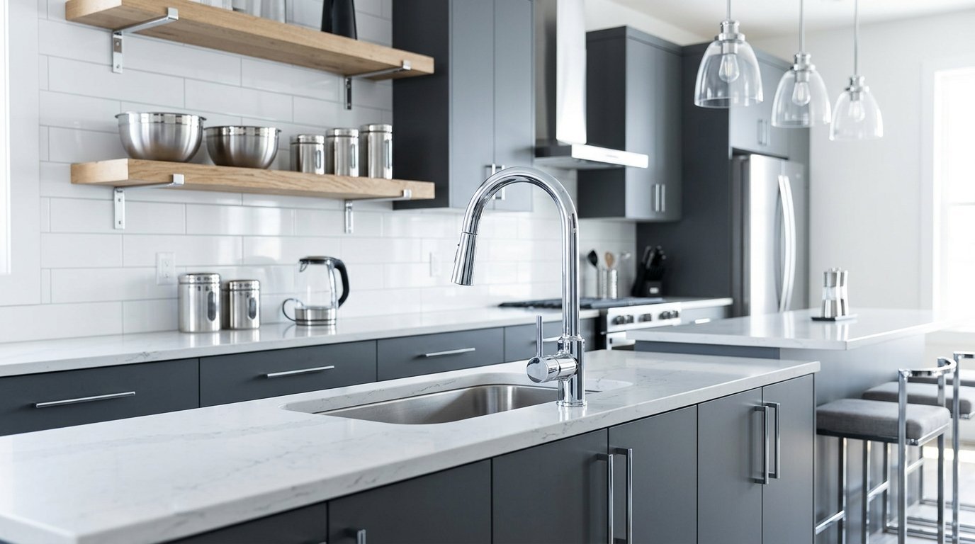 A close up view of a silver faucet installed on a white quartz island with dark grey cabinets below.