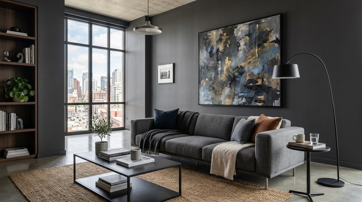 Modern grey sofa and coffee table in a loft apartment with a city skyline view.