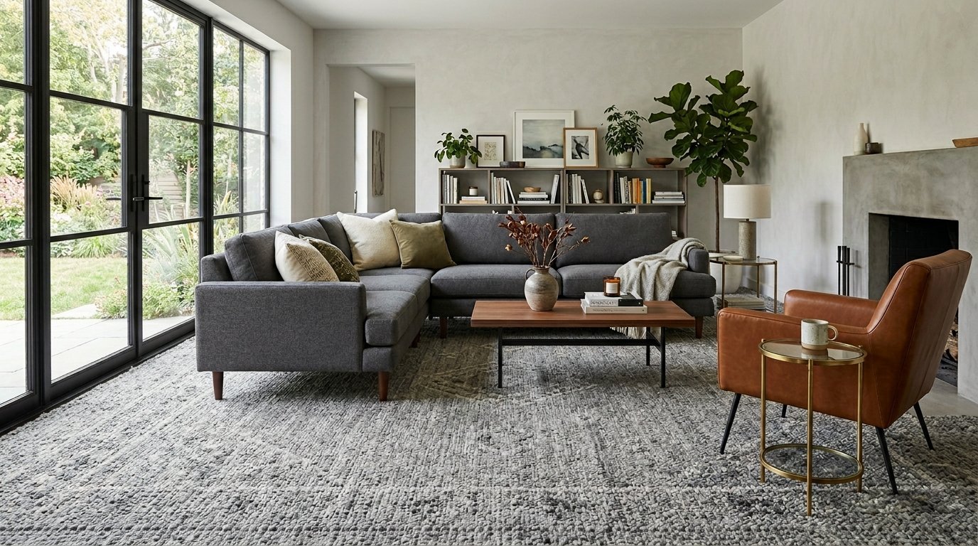 A sunlit living room with a charcoal sectional sofa, wooden coffee table, and a brown leather accent chair.