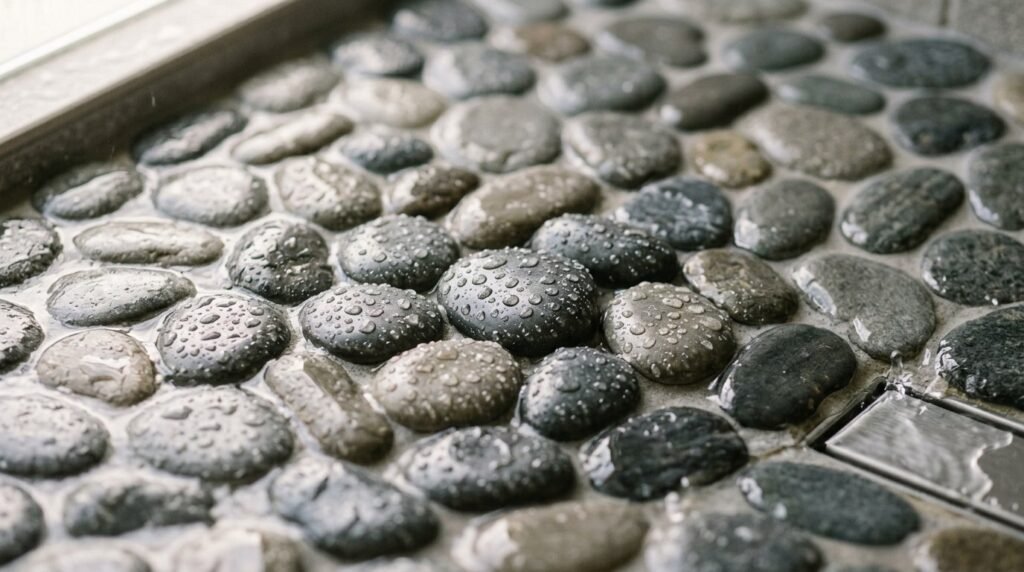 Close up view of a modern grey tiled bathroom shower floor with clean grout lines.
