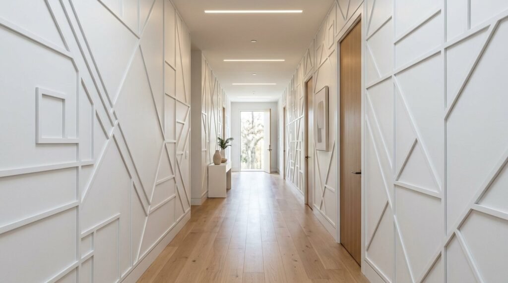 A sleek modern hallway featuring bold geometric wall patterns and clean architectural lines.