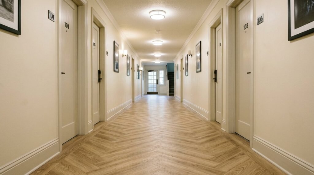 A beautifully designed interior hallway featuring a stylish and timeless herringbone pattern hardwood floor.