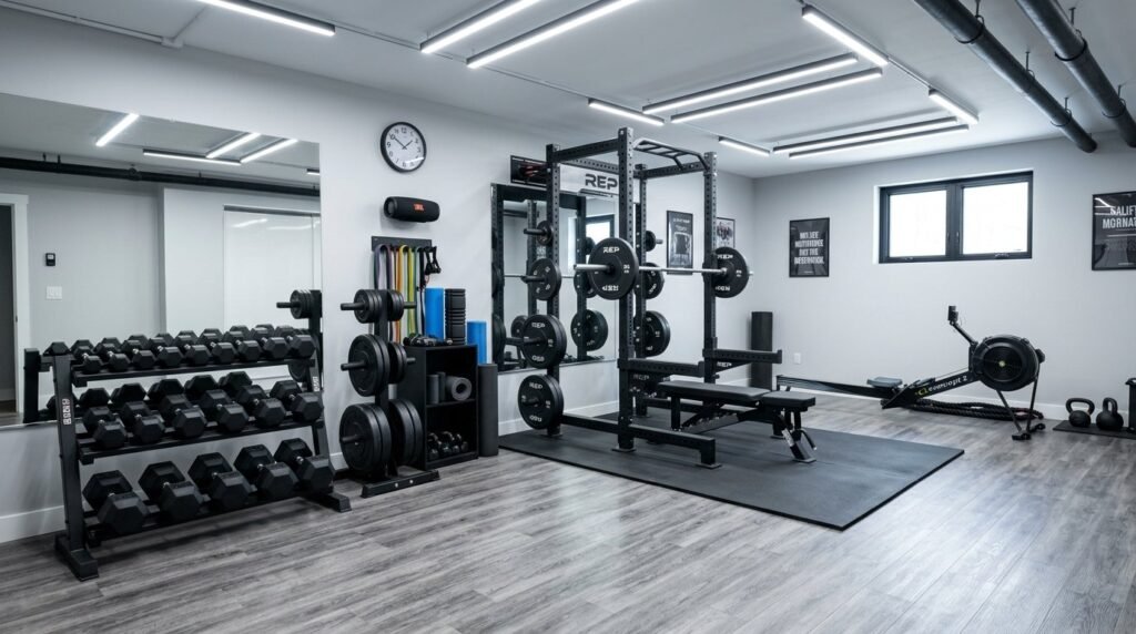 A well-organized home gym space featuring modern fitness equipment for strength and cardio training.