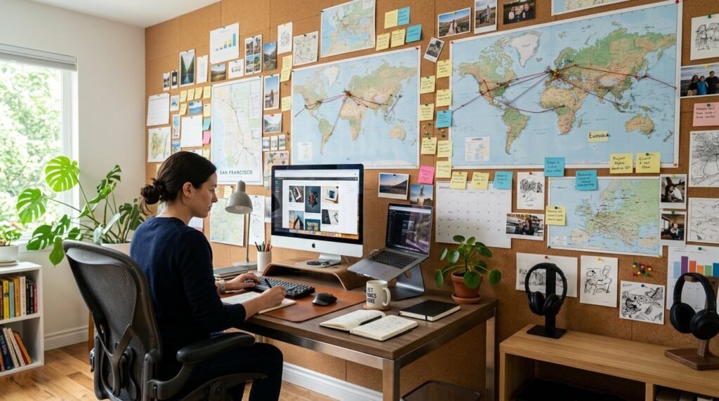 A stylish home office workspace featuring a natural cork wall and modern professional furniture.