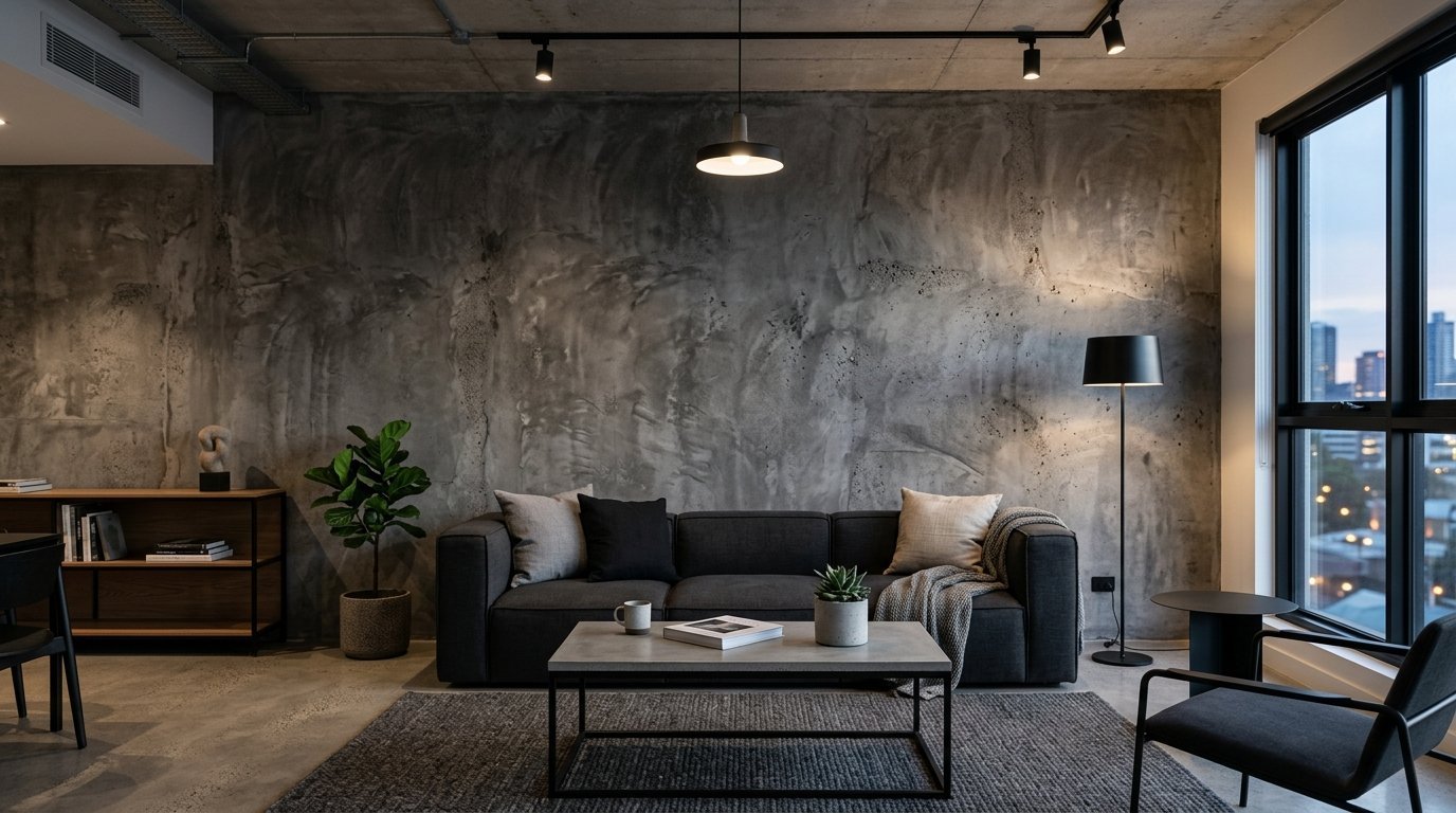 A sleek dark grey sofa sits in a contemporary living room with concrete walls and warm mood lighting.