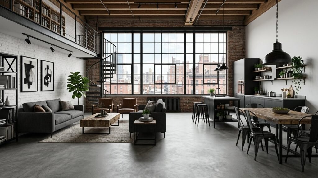 Spacious modern loft apartment featuring industrial design elements and open floor plan architecture.