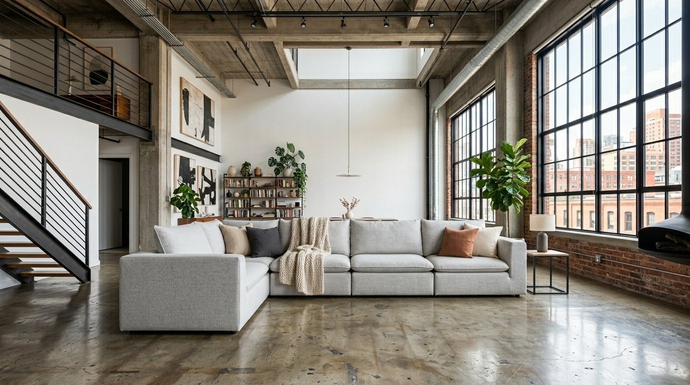 Spacious living room with concrete floors, high ceilings, large windows, and a long light grey modular couch.
