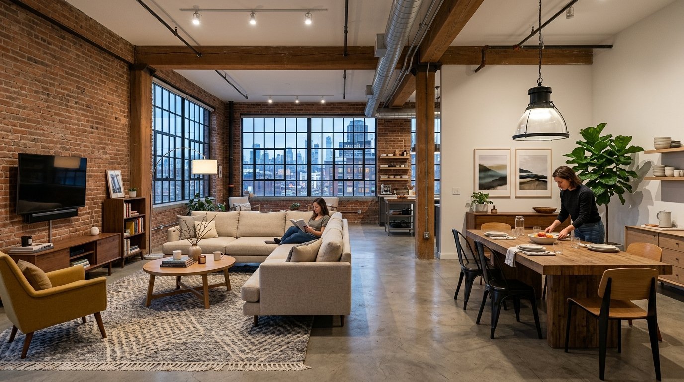 Spacious city loft featuring brick walls, an open living area, and a large dining table with an evening view.