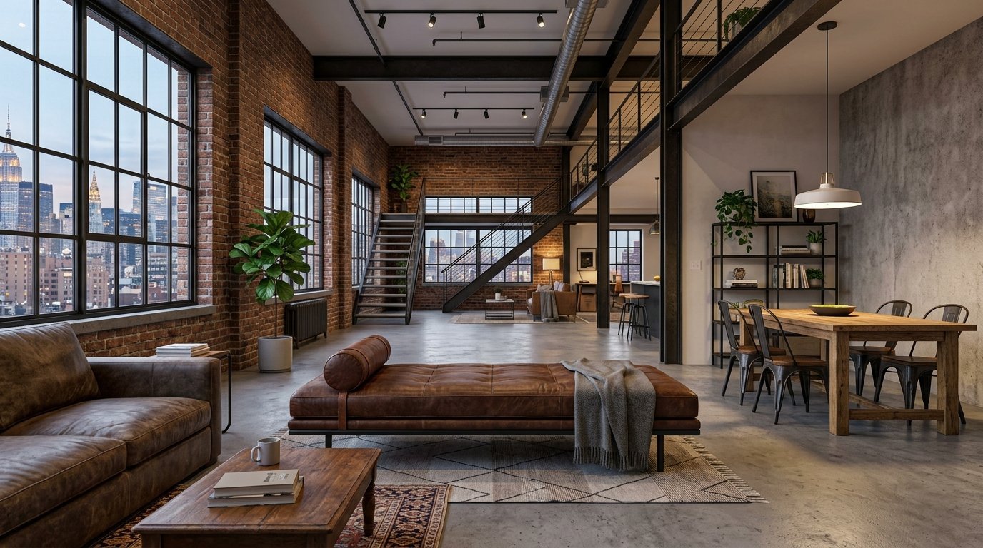 Expansive open concept living room with exposed brick walls, metal staircase, and view of the New York City skyline.