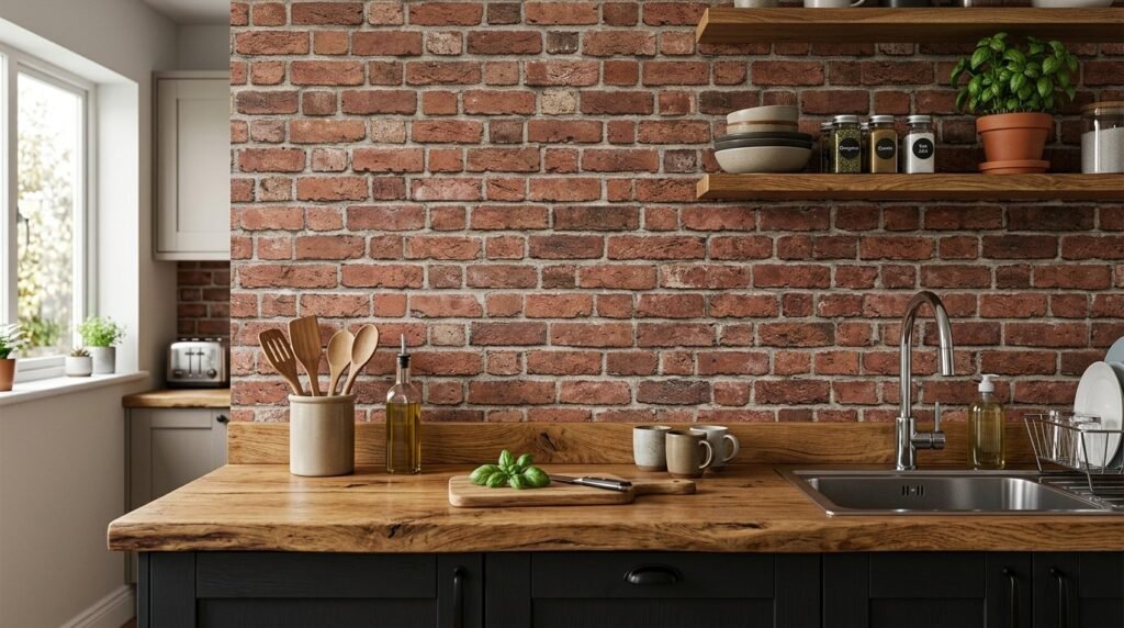 Close up view of high quality modern brick textured wallpaper on a residential wall.