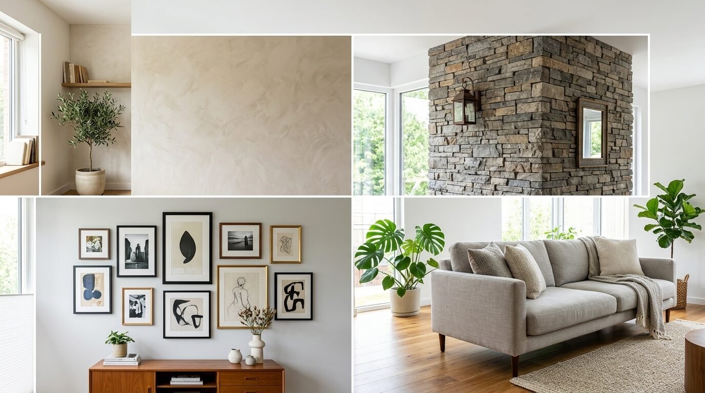 Collage showing a stone fireplace, minimalist wall decor, a beige couch, and indoor potted plants.