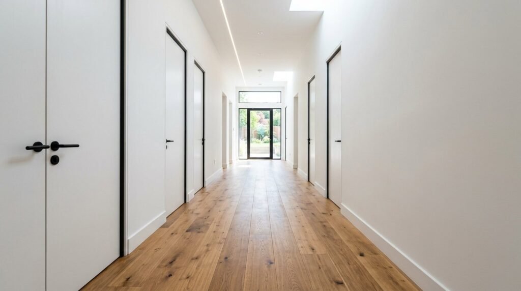 A stylish residential hallway featuring natural wood paneling and soft warm lighting.