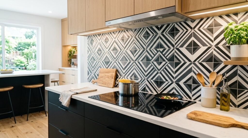 Close up of a stylish modern kitchen backsplash with textured tile details.