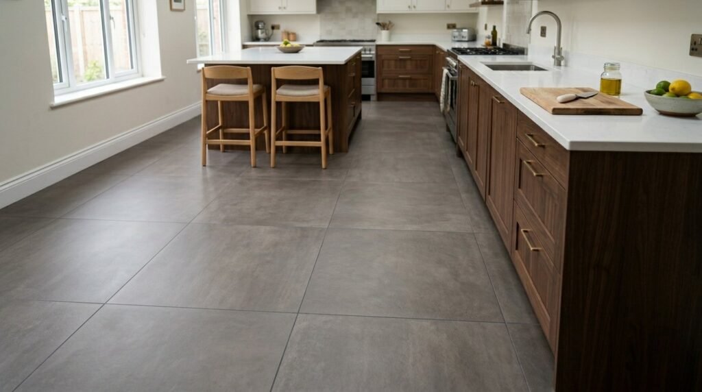 High angle shot of a clean modern kitchen floor with light wood grain texture.