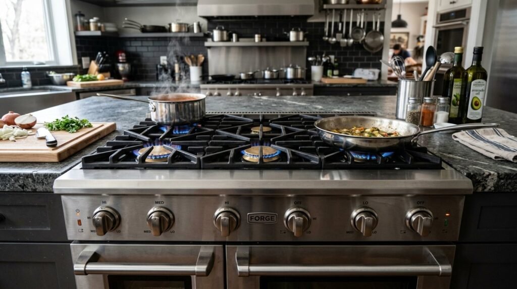 A close-up view of a high-end stainless steel gas range installed in a modern kitchen.