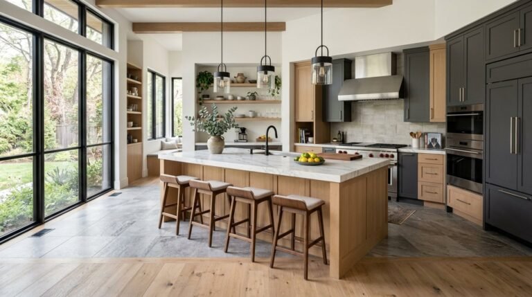 A brightly lit modern kitchen featuring sleek cabinetry and marble countertops.