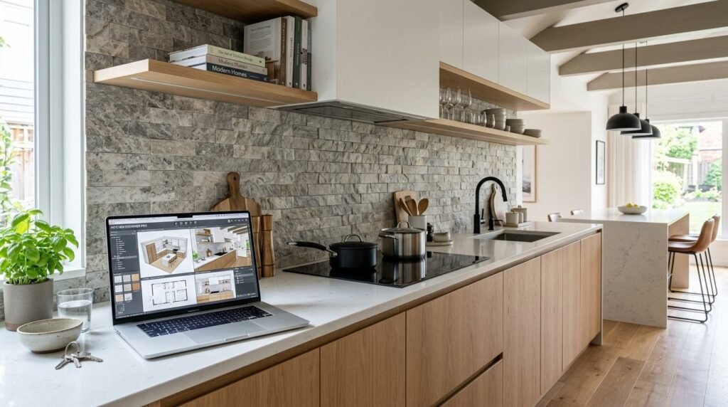 A sleek modern kitchen featuring high-end appliances and minimalist cabinetry design.
