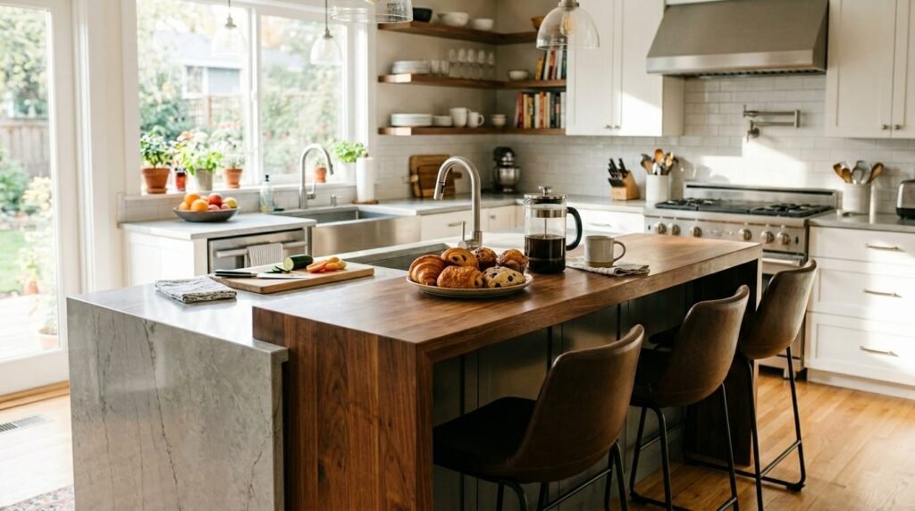 A stylish modern kitchen island with elegant countertops in a bright contemporary home kitchen.