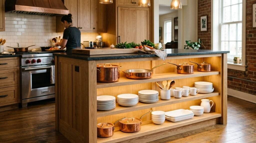A beautiful modern kitchen island with premium countertops and stylish bar stools.
