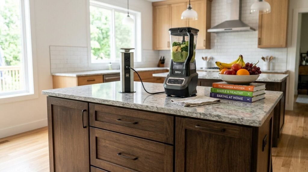 A beautiful modern kitchen island featuring a smooth countertop in a well-lit home kitchen.