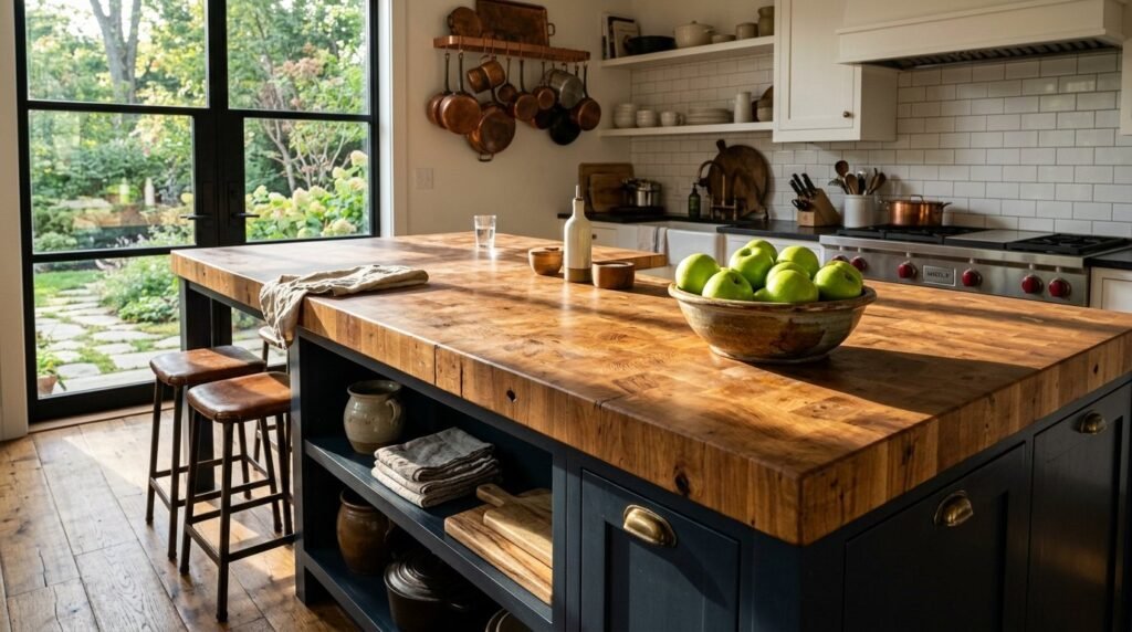 A beautiful modern kitchen island with a marble countertop in a bright, contemporary kitchen setting.