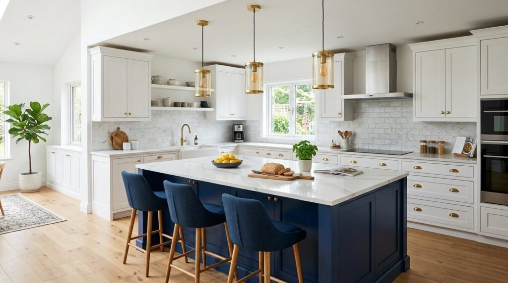 A beautiful modern kitchen island featuring a marble countertop and designer bar stools.