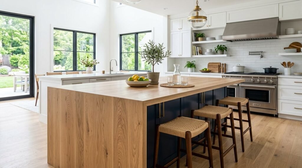 A sleek modern kitchen island featuring a marble waterfall edge countertop in a bright luxury kitchen.