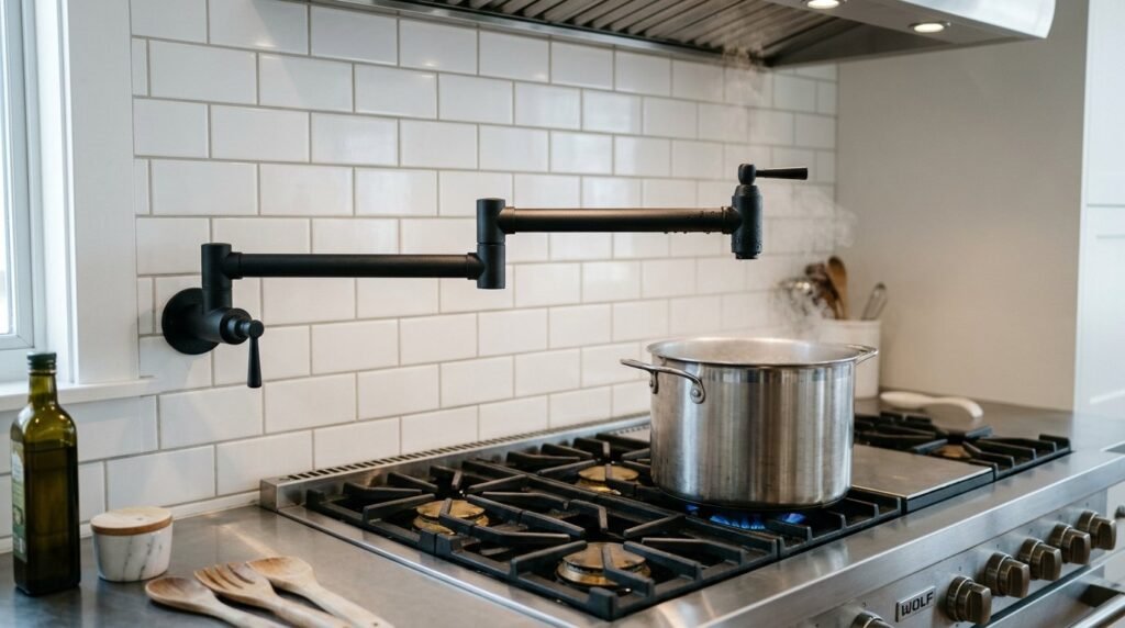 A sleek modern pot filler faucet installed above a stainless steel stove in a bright kitchen.