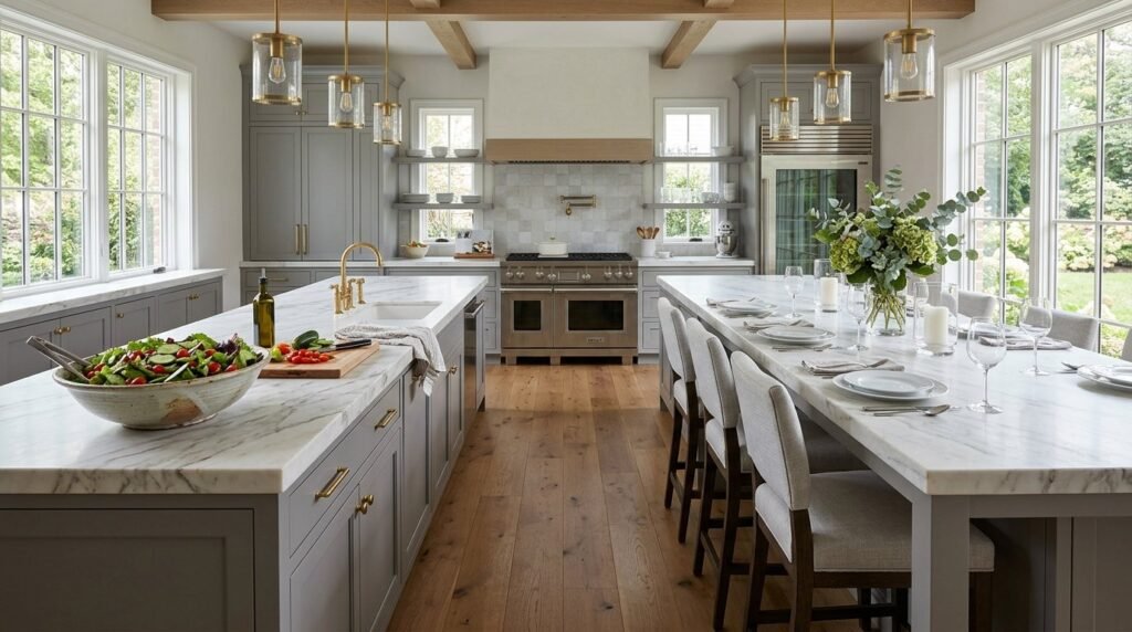 A high-end modern kitchen interior showcasing a stainless steel double oven wall unit.