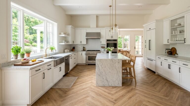 A brightly lit kitchen interior showcasing a stylish herringbone patterned tile backsplash.