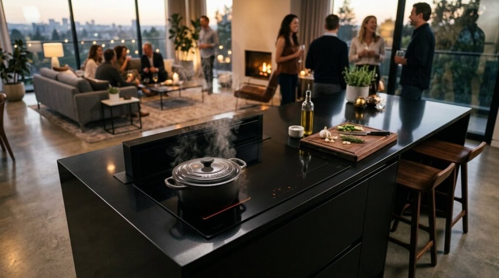 A close up view of a modern kitchen island with a stylish black induction cooktop.