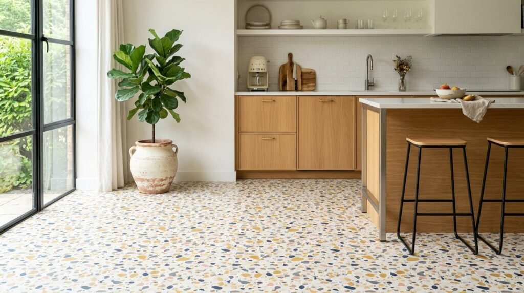 A brightly lit modern kitchen interior showcasing detailed terrazzo flooring and contemporary cabinetry.