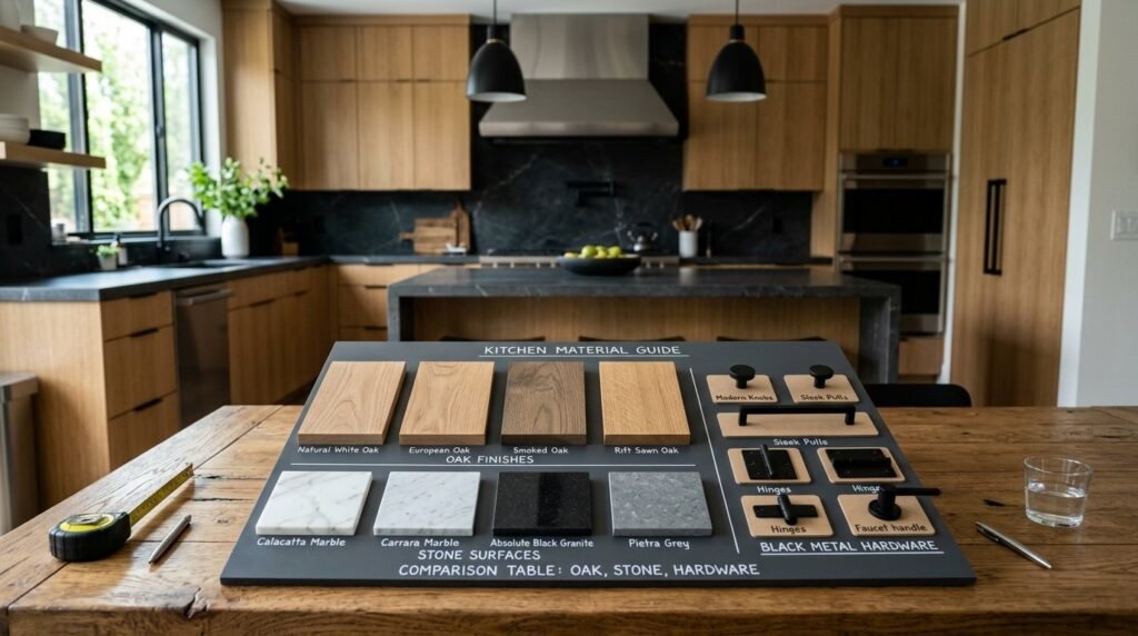 A modern kitchen interior design featuring elegant natural wood cabinets and high-end finishes.