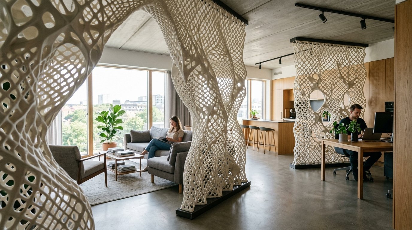 Man works at a desk behind a white organic lattice partition while a woman reads on a couch nearby.