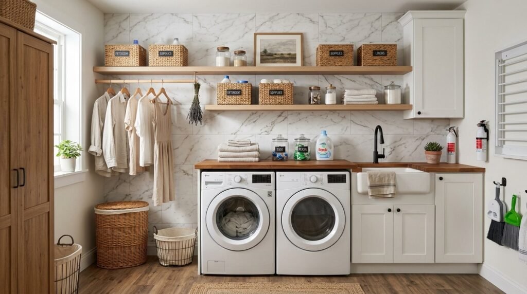 A clean and organized modern laundry room with white cabinets and efficient storage solutions.